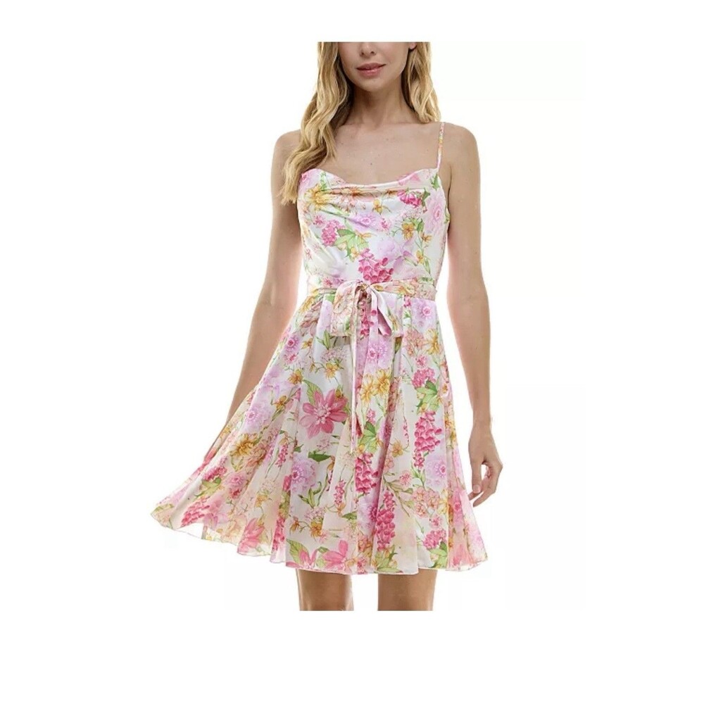 City Studio Juniors' Women's Ivory Floral Cowl Neck Self-Tie Dress Size 11/12